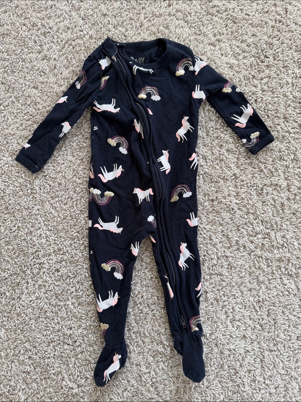 NWOT: Cotton On Baby Navy Unicorn Print Zippered and Footed One-Piece - Picture 1 of 3